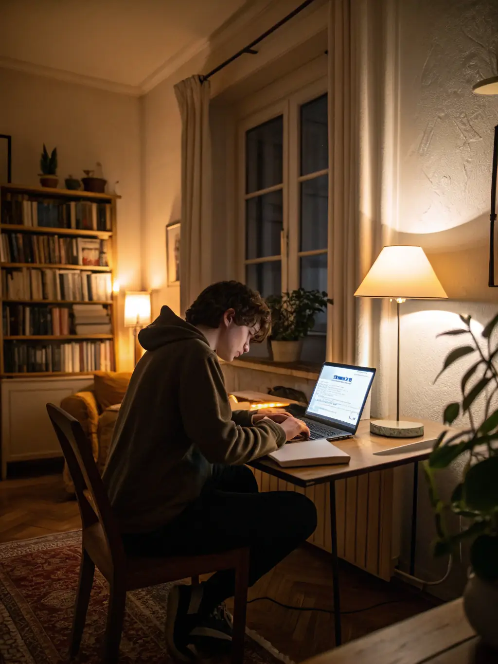 An image of a student working on their book, surrounded by research materials and personal reflections, representing the book authoring module.