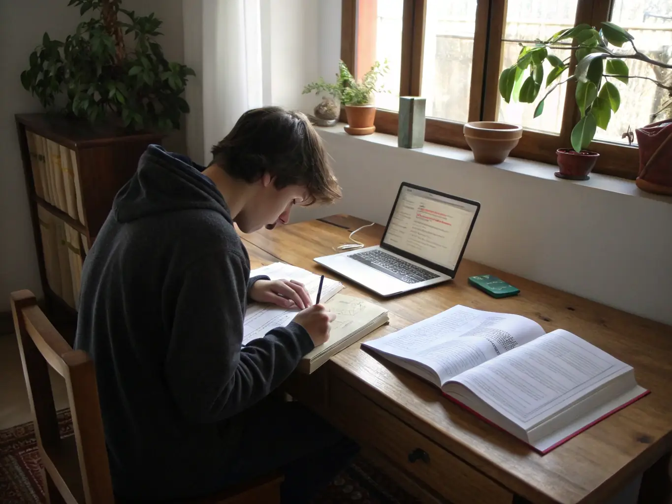A student thoughtfully writing in their journal, surrounded by images and artifacts related to the Holocaust, symbolizing the program's focus on personal reflection and emotional connection.