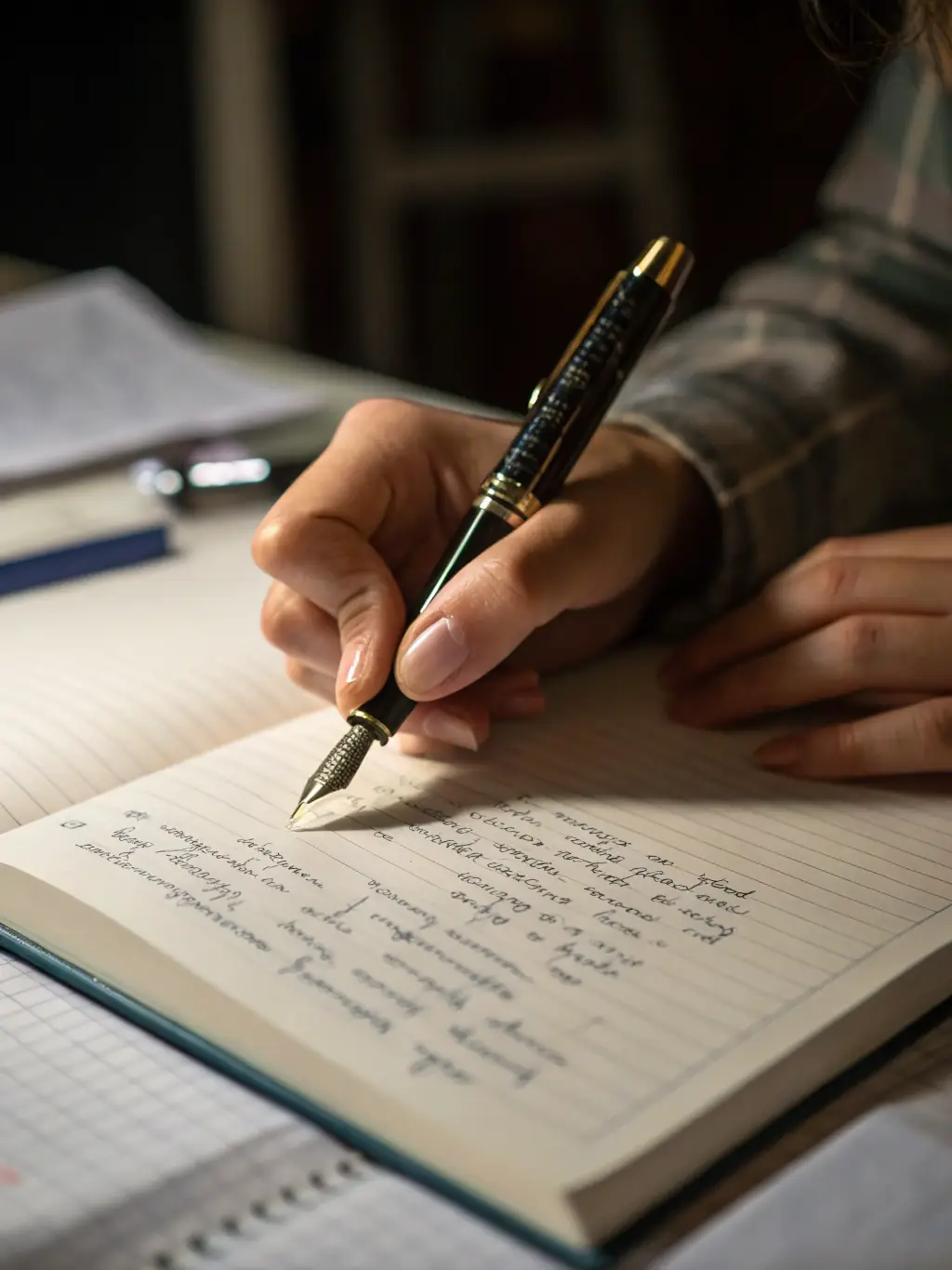 A close-up shot of a student's hands carefully writing in their journal, with a pen and notebook on a desk, emphasizing personal reflection and thoughtful documentation of their learning experience.