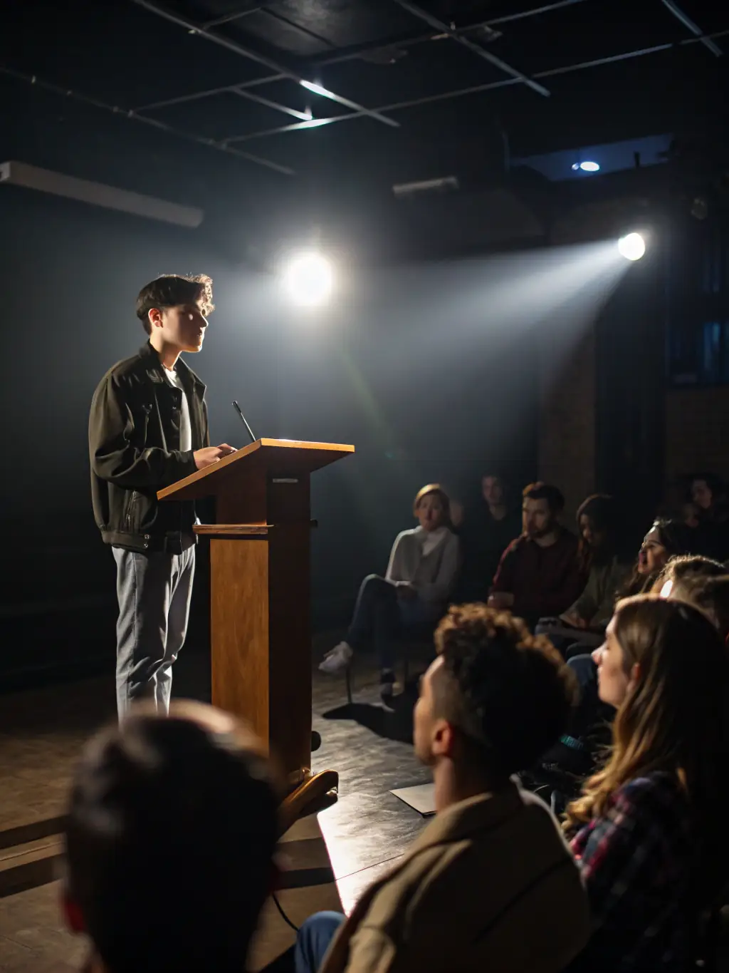 A student is presenting their completed book to an audience, with pride and confidence, in a school auditorium, highlighting the culmination of their learning journey and the impact of their work.