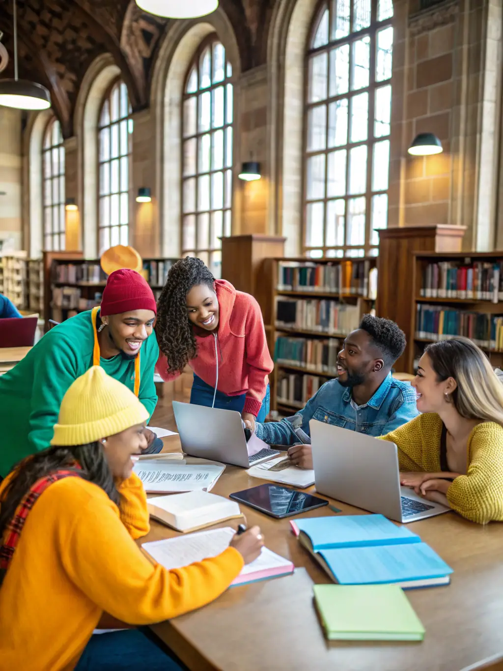 A group of students is collaboratively discussing their book projects, surrounded by books and research materials, in a brightly lit classroom, showcasing teamwork and intellectual exchange.