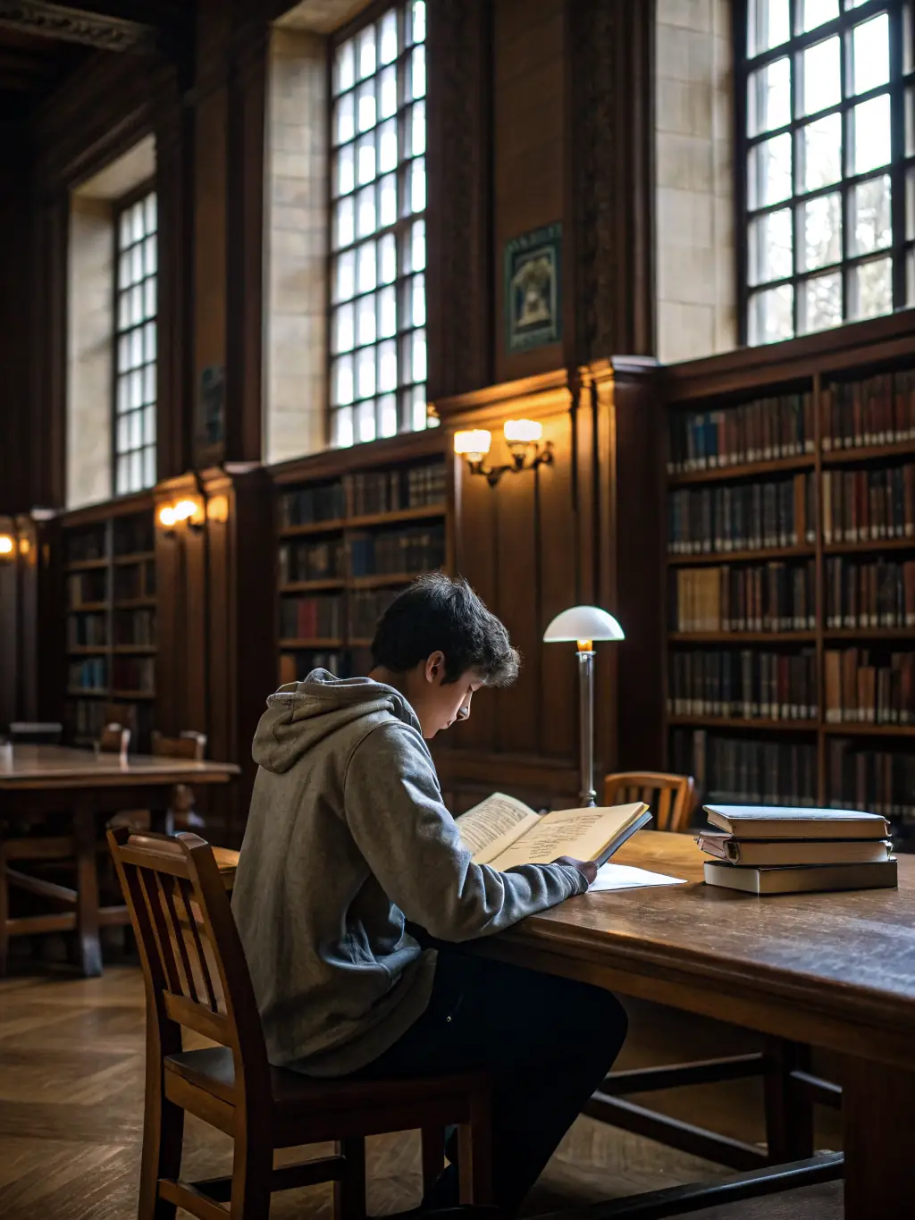 A student is deeply engrossed in researching historical documents at a library, focusing on Holocaust-related materials, with sunlight streaming through the window, creating a focused and contemplative atmosphere.